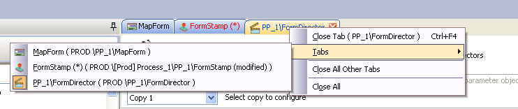 More options available from the right click menu on the tabs. The mouse is hovering over the tabs option, revealing another menu showing the list of open tabs. The form stamp option shows the word modified in parentheses, which indicated unsaved changes on that tab.